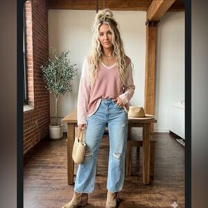 POL Dusty Pink V-Neck Pullover with Contrast Sleeves